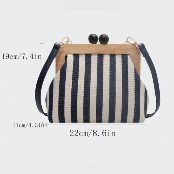 Striped crossbody bag shoulder striped handbag purse wood magnetic clutch canvas - Picture 4 of 10